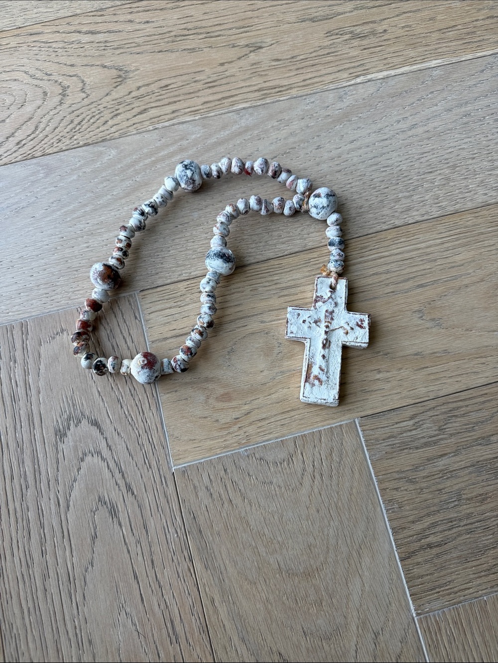 Distressed White Beaded Cross Decor
